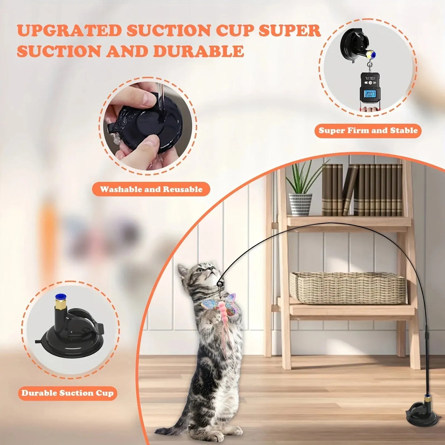 Interactive Cat Teaser Toy – Feather Wand with Bell & Long Suction Cup Pole for Endless Playtime Fun