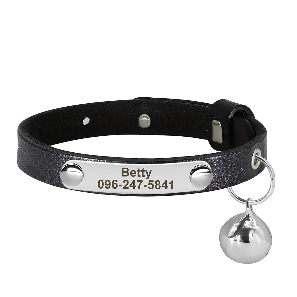 Personalized Adjustable Leather Cat Collar – Custom Name Necklace for Cats, Kittens & Puppies, Anti-Lost Pet Accessory
