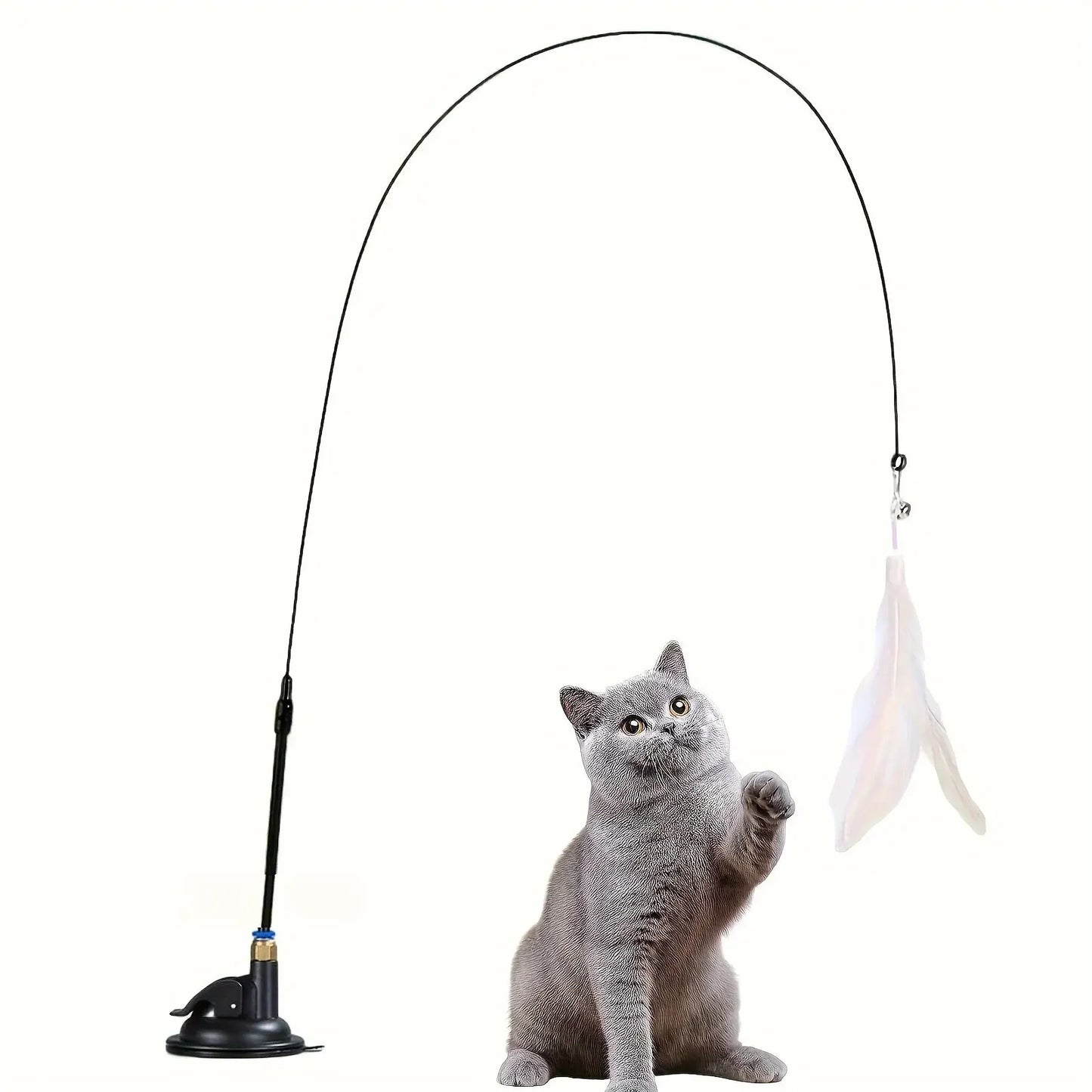 Interactive Cat Teaser Toy – Feather Wand with Bell & Long Suction Cup Pole for Endless Playtime Fun