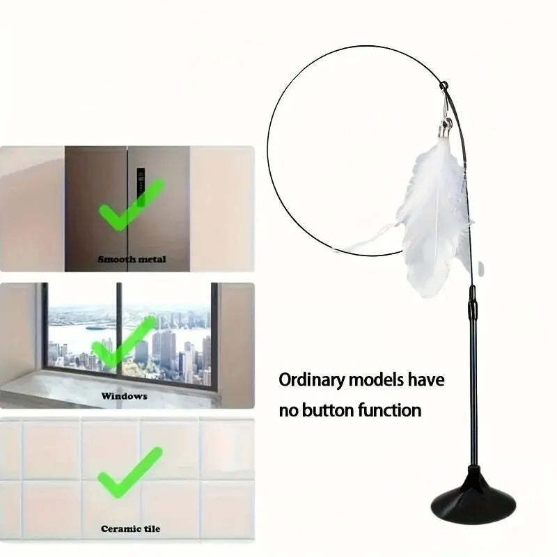 Interactive Cat Teaser Toy – Feather Wand with Bell & Long Suction Cup Pole for Endless Playtime Fun