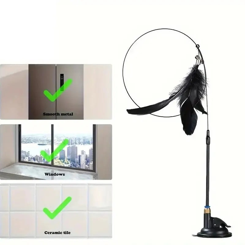 Interactive Cat Teaser Toy – Feather Wand with Bell & Long Suction Cup Pole for Endless Playtime Fun