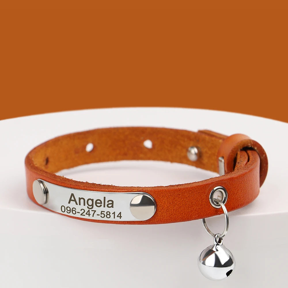 Personalized Adjustable Leather Cat Collar – Custom Name Necklace for Cats, Kittens & Puppies, Anti-Lost Pet Accessory