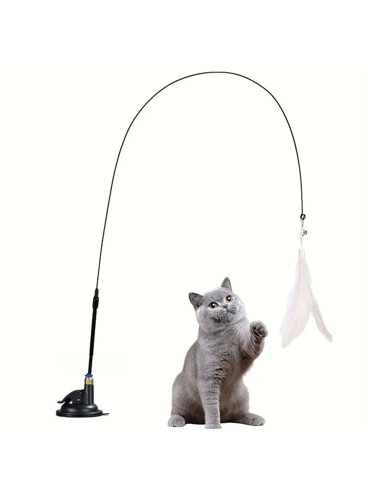 Interactive Cat Teaser Toy – Feather Wand with Bell & Long Suction Cup Pole for Endless Playtime Fun