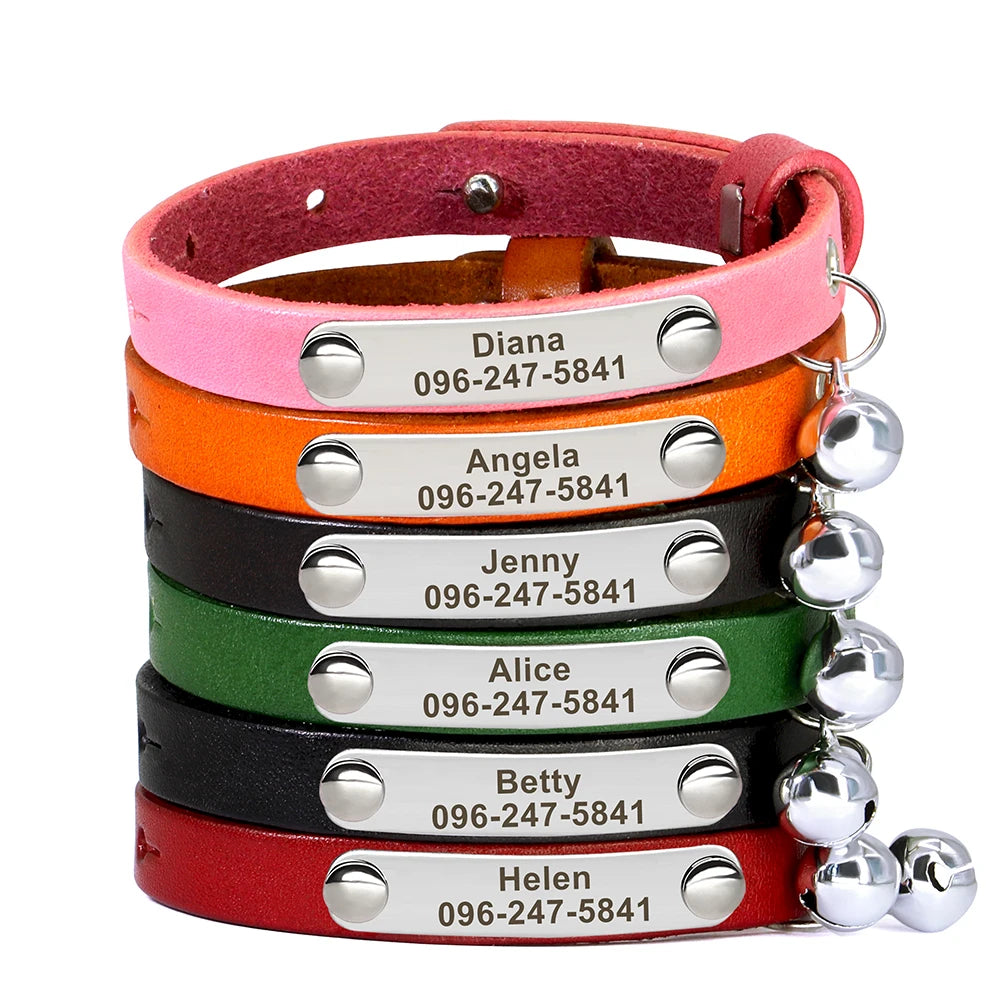 Personalized Adjustable Leather Cat Collar – Custom Name Necklace for Cats, Kittens & Puppies, Anti-Lost Pet Accessory