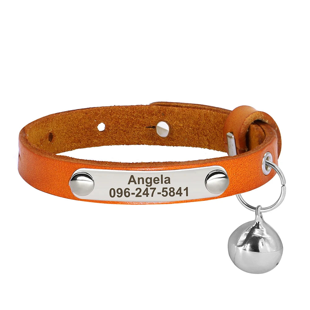 Personalized Adjustable Leather Cat Collar – Custom Name Necklace for Cats, Kittens & Puppies, Anti-Lost Pet Accessory