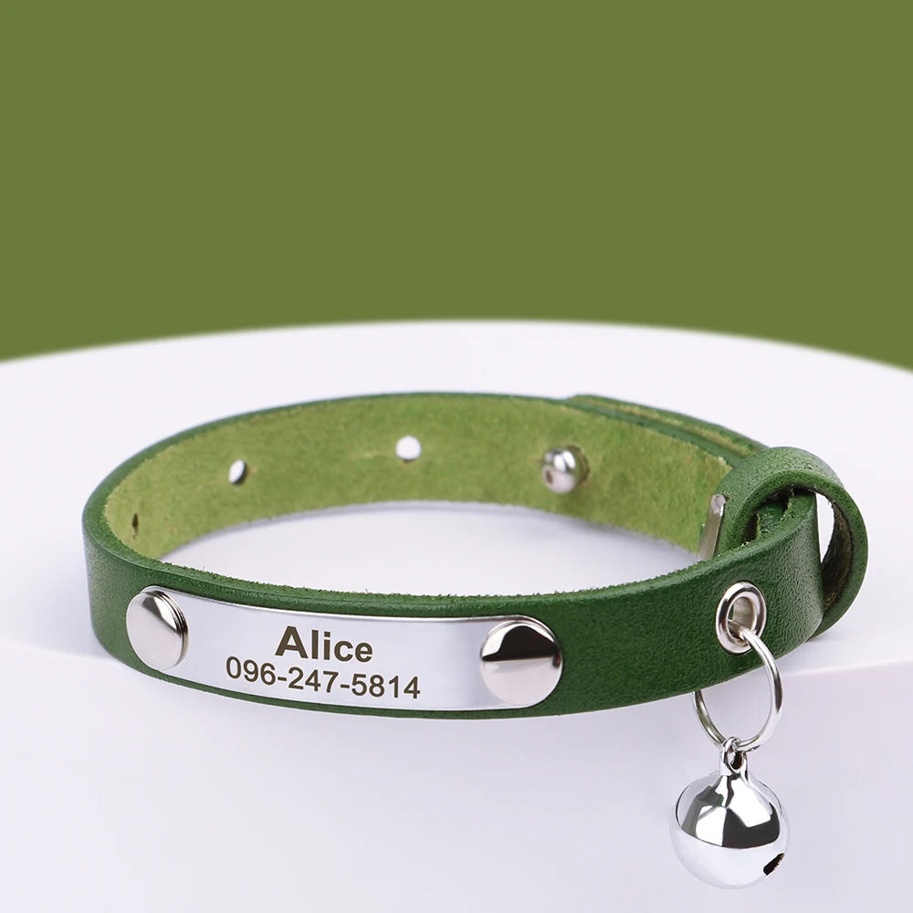 Personalized Adjustable Leather Cat Collar – Custom Name Necklace for Cats, Kittens & Puppies, Anti-Lost Pet Accessory