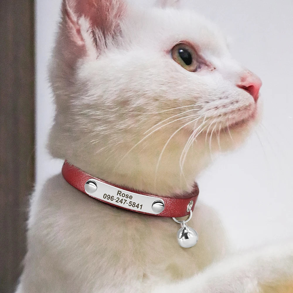 Personalized Adjustable Leather Cat Collar – Custom Name Necklace for Cats, Kittens & Puppies, Anti-Lost Pet Accessory