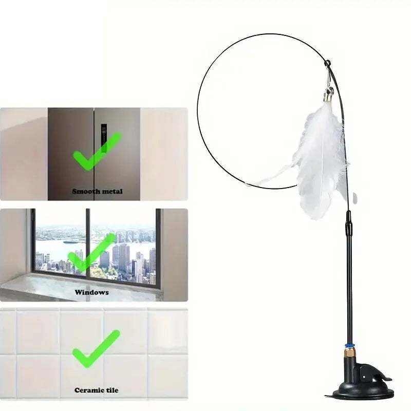 Interactive Cat Teaser Toy – Feather Wand with Bell & Long Suction Cup Pole for Endless Playtime Fun
