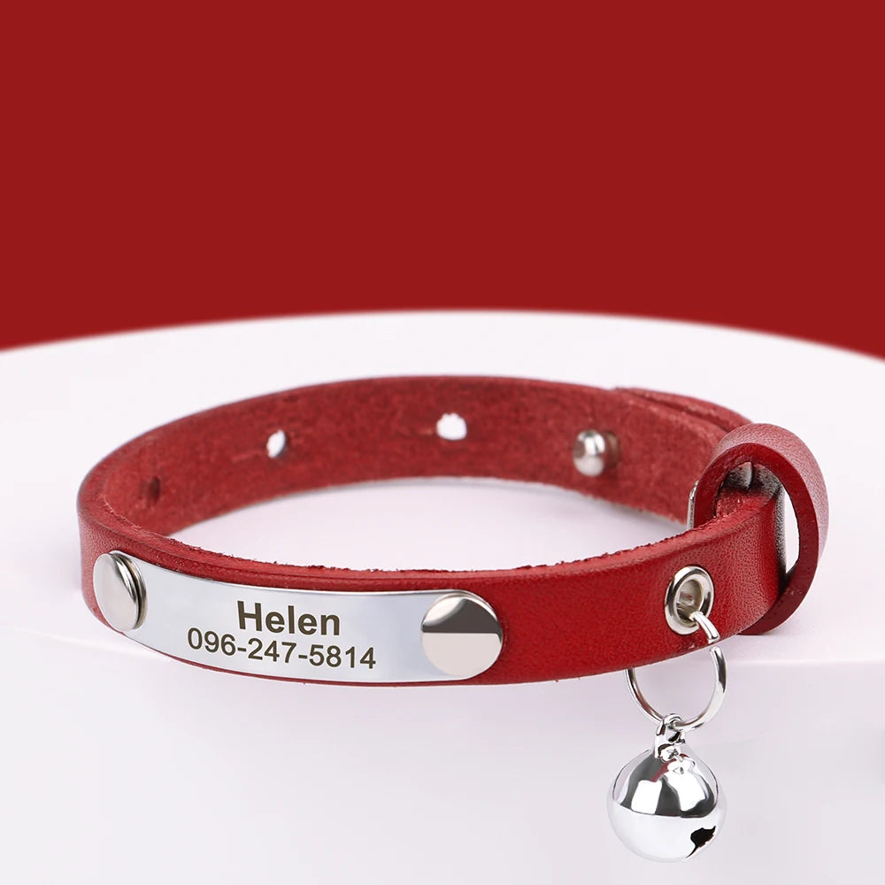 Personalized Adjustable Leather Cat Collar – Custom Name Necklace for Cats, Kittens & Puppies, Anti-Lost Pet Accessory