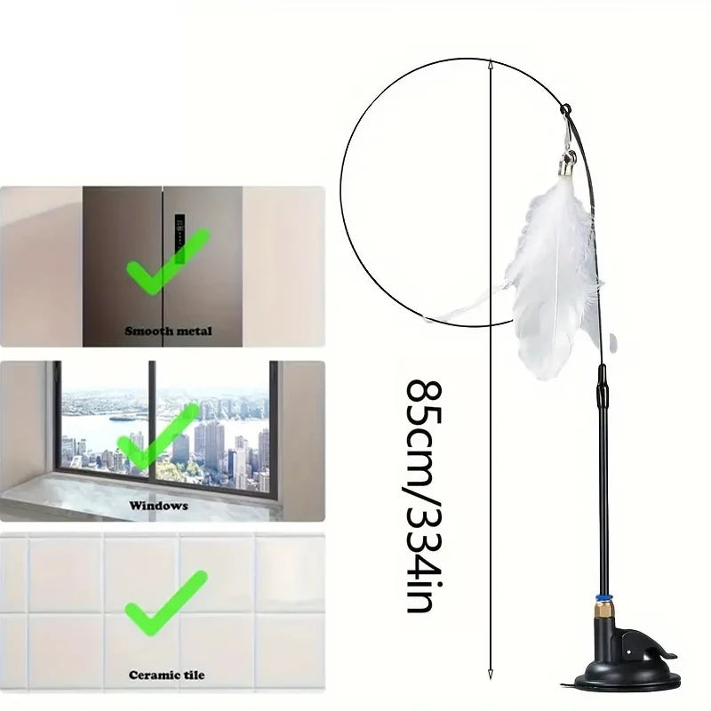 Interactive Cat Teaser Toy – Feather Wand with Bell & Long Suction Cup Pole for Endless Playtime Fun