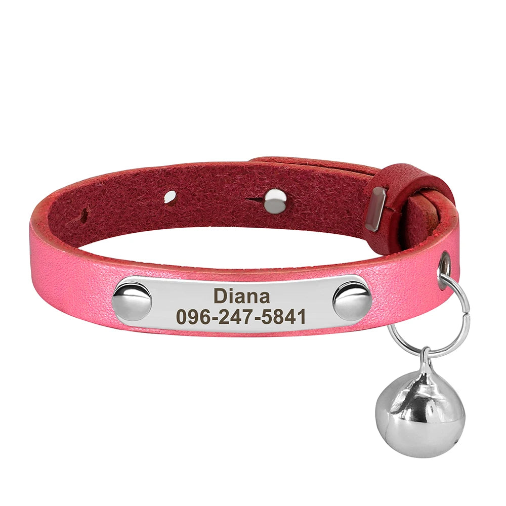 Personalized Adjustable Leather Cat Collar – Custom Name Necklace for Cats, Kittens & Puppies, Anti-Lost Pet Accessory