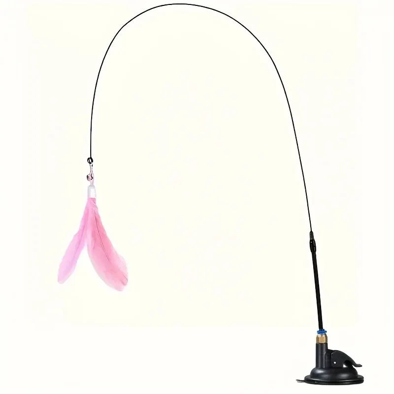 Interactive Cat Teaser Toy – Feather Wand with Bell & Long Suction Cup Pole for Endless Playtime Fun
