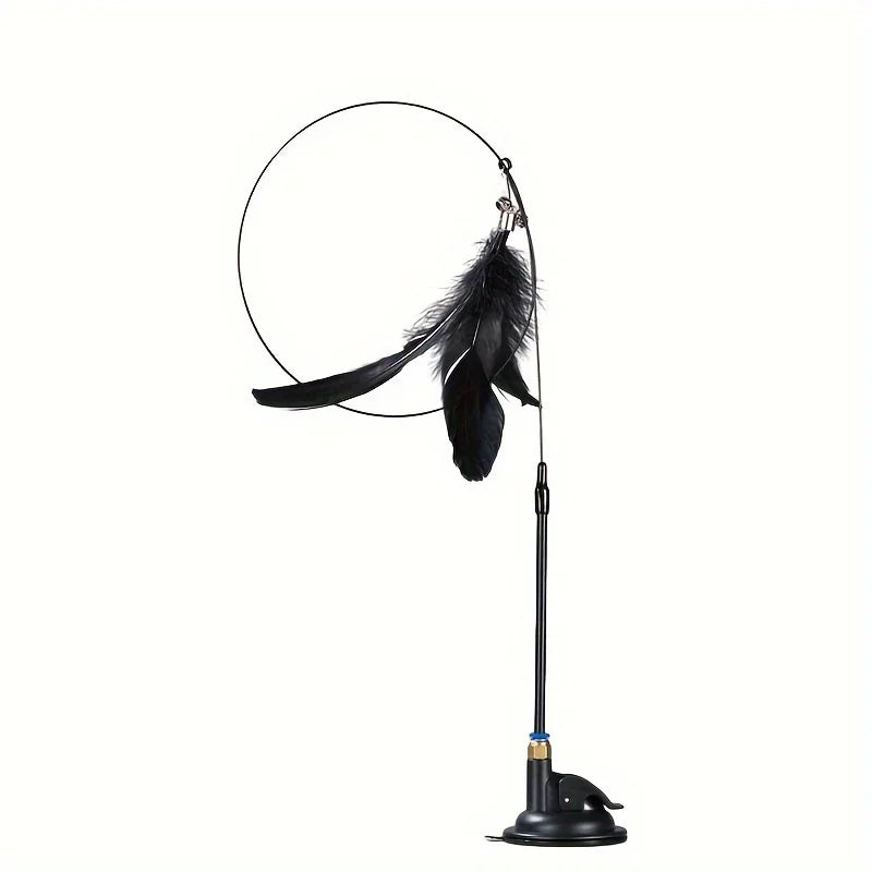 Interactive Cat Teaser Toy – Feather Wand with Bell & Long Suction Cup Pole for Endless Playtime Fun