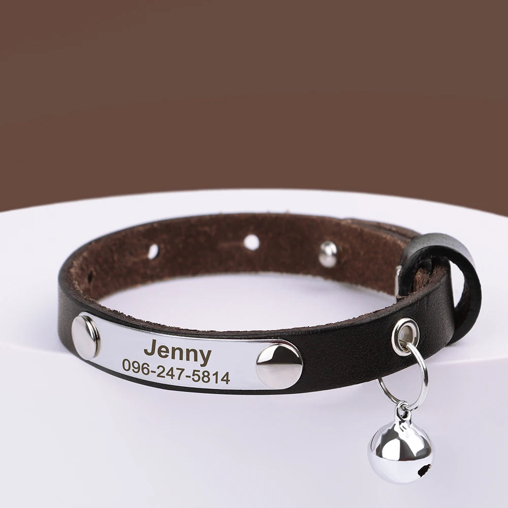 Personalized Adjustable Leather Cat Collar – Custom Name Necklace for Cats, Kittens & Puppies, Anti-Lost Pet Accessory