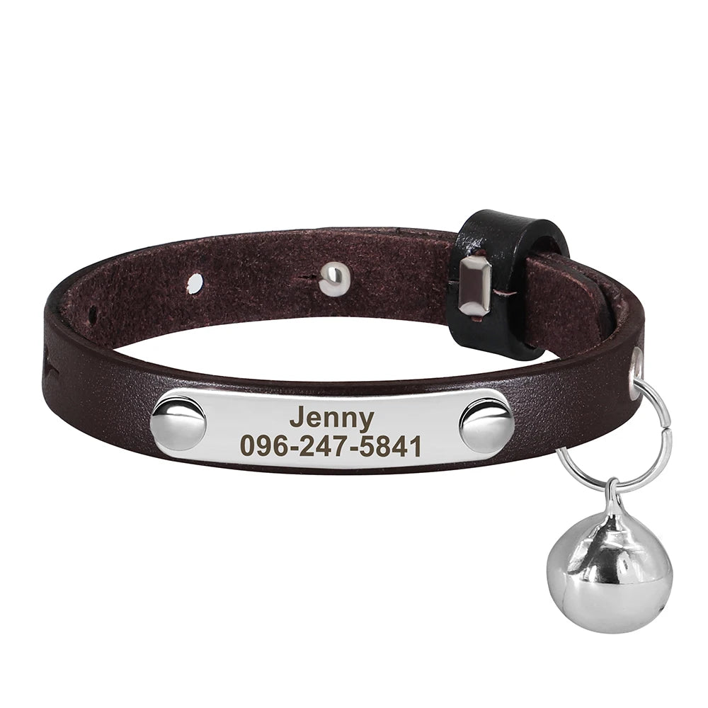 Personalized Adjustable Leather Cat Collar – Custom Name Necklace for Cats, Kittens & Puppies, Anti-Lost Pet Accessory