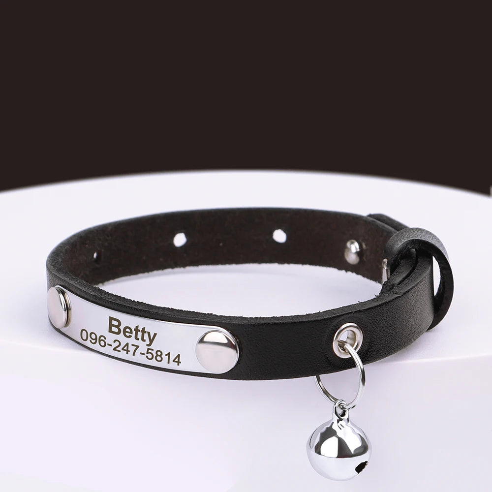 Personalized Adjustable Leather Cat Collar – Custom Name Necklace for Cats, Kittens & Puppies, Anti-Lost Pet Accessory