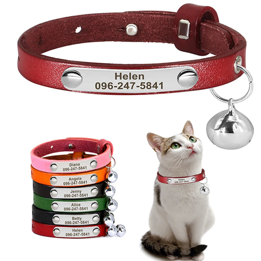 Personalized Adjustable Leather Cat Collar – Custom Name Necklace for Cats, Kittens & Puppies, Anti-Lost Pet Accessory