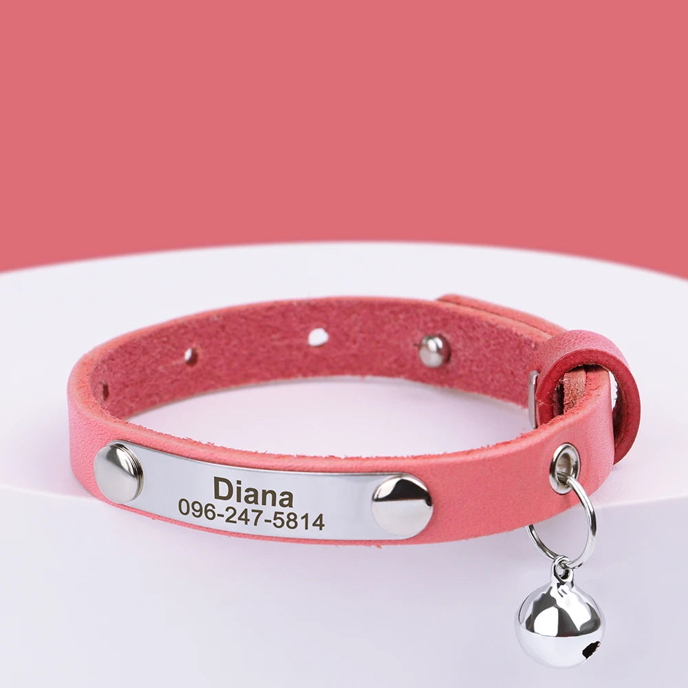 Personalized Adjustable Leather Cat Collar – Custom Name Necklace for Cats, Kittens & Puppies, Anti-Lost Pet Accessory