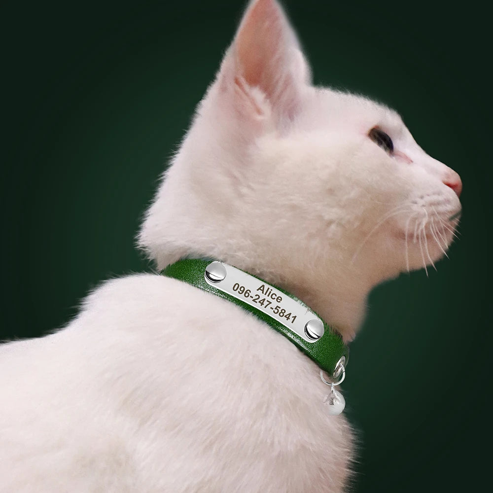 Personalized Adjustable Leather Cat Collar – Custom Name Necklace for Cats, Kittens & Puppies, Anti-Lost Pet Accessory