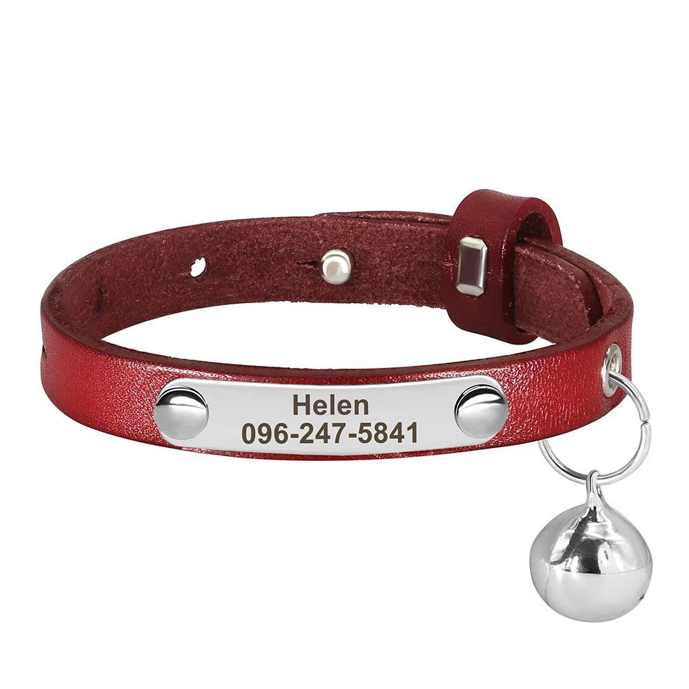 Personalized Adjustable Leather Cat Collar – Custom Name Necklace for Cats, Kittens & Puppies, Anti-Lost Pet Accessory