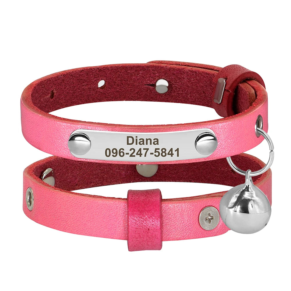 Personalized Adjustable Leather Cat Collar – Custom Name Necklace for Cats, Kittens & Puppies, Anti-Lost Pet Accessory